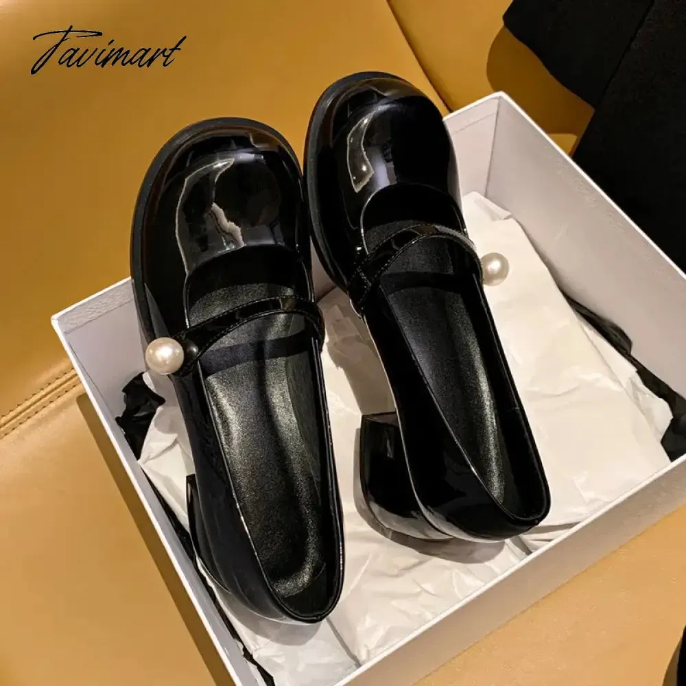 Tavimart Fashion Women's Shoes New High Quality Genuine Leather Round Head Middle Heel Shoes Simple Sweet Mary Janes Shoes