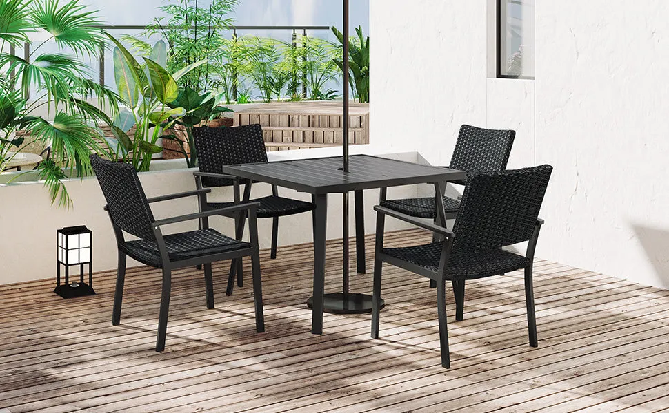 TOPMAX Outdoor Patio PE Wicker 5-Piece Dining Table Set with Umbrella Hole and 4 Dining Chairs for Garden, Deck,Black Frame Black Rattan