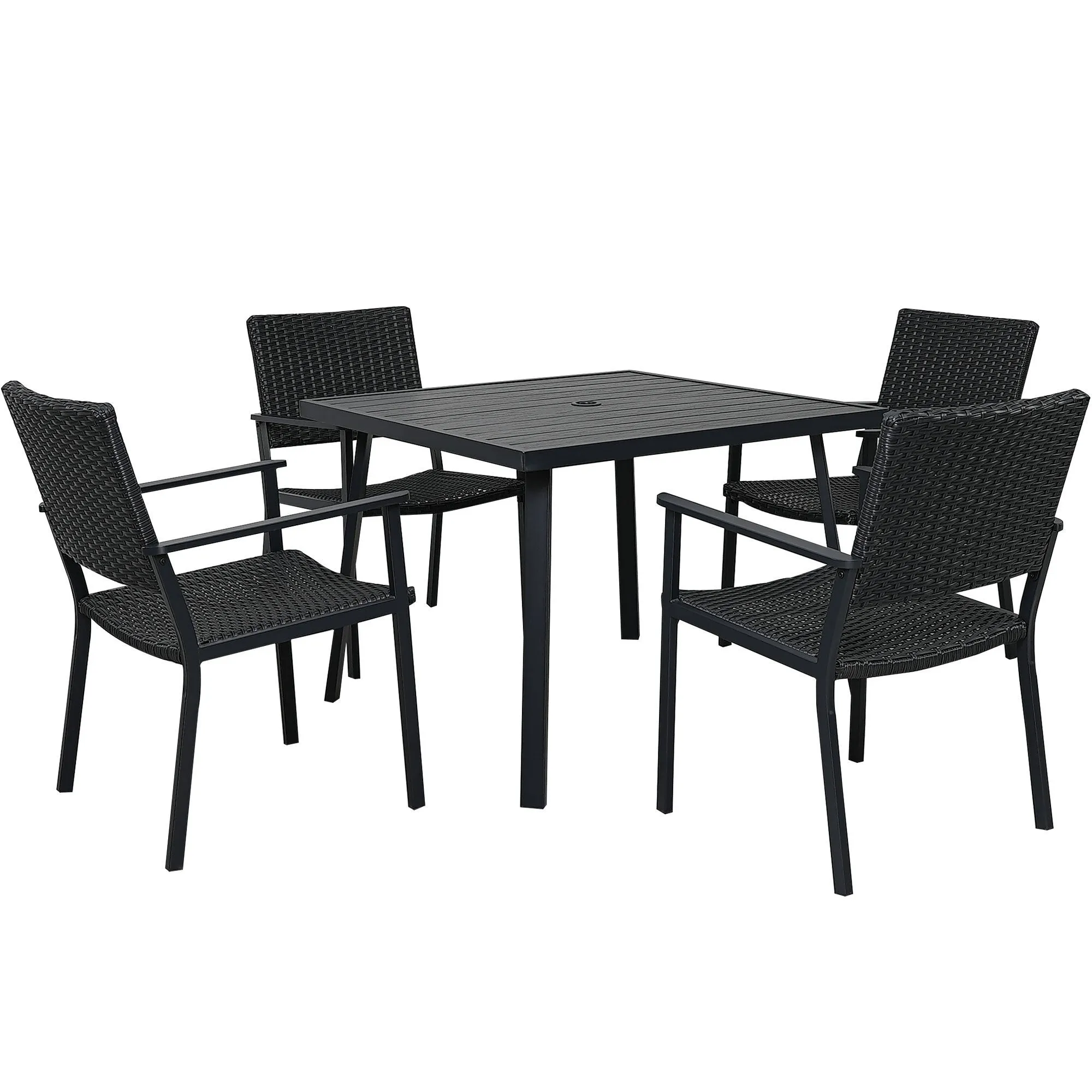 TOPMAX Outdoor Patio PE Wicker 5-Piece Dining Table Set with Umbrella Hole and 4 Dining Chairs for Garden, Deck,Black Frame Black Rattan