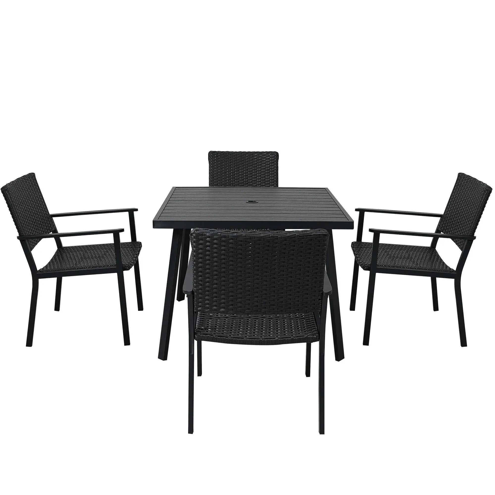 TOPMAX Outdoor Patio PE Wicker 5-Piece Dining Table Set with Umbrella Hole and 4 Dining Chairs for Garden, Deck,Black Frame Black Rattan