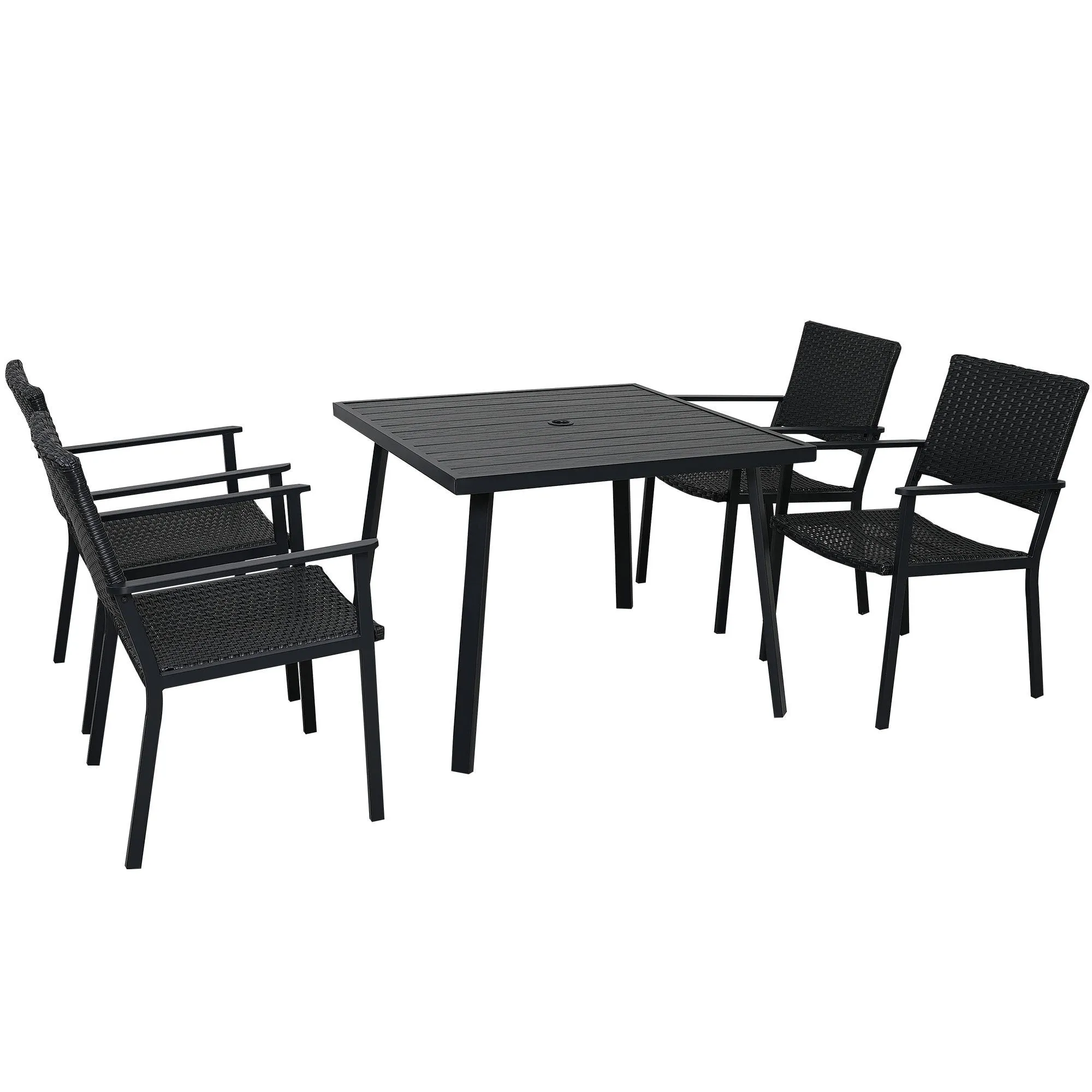 TOPMAX Outdoor Patio PE Wicker 5-Piece Dining Table Set with Umbrella Hole and 4 Dining Chairs for Garden, Deck,Black Frame Black Rattan