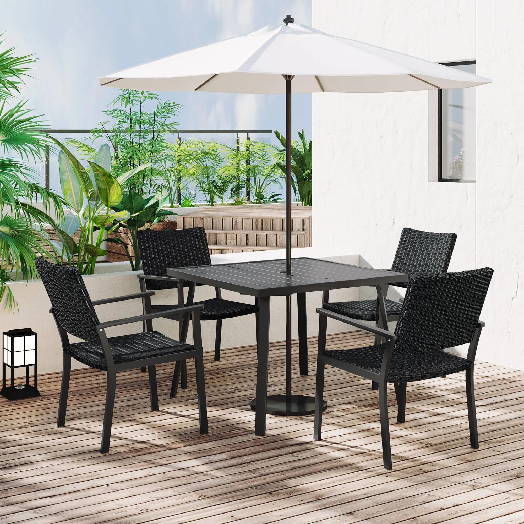 TOPMAX Outdoor Patio PE Wicker 5-Piece Dining Table Set with Umbrella Hole and 4 Dining Chairs for Garden, Deck,Black Frame Black Rattan