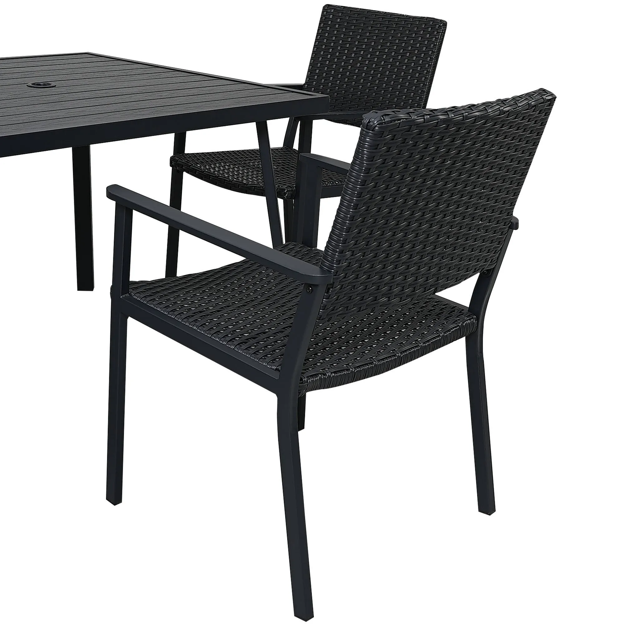 TOPMAX Outdoor Patio PE Wicker 5-Piece Dining Table Set with Umbrella Hole and 4 Dining Chairs for Garden, Deck,Black Frame Black Rattan