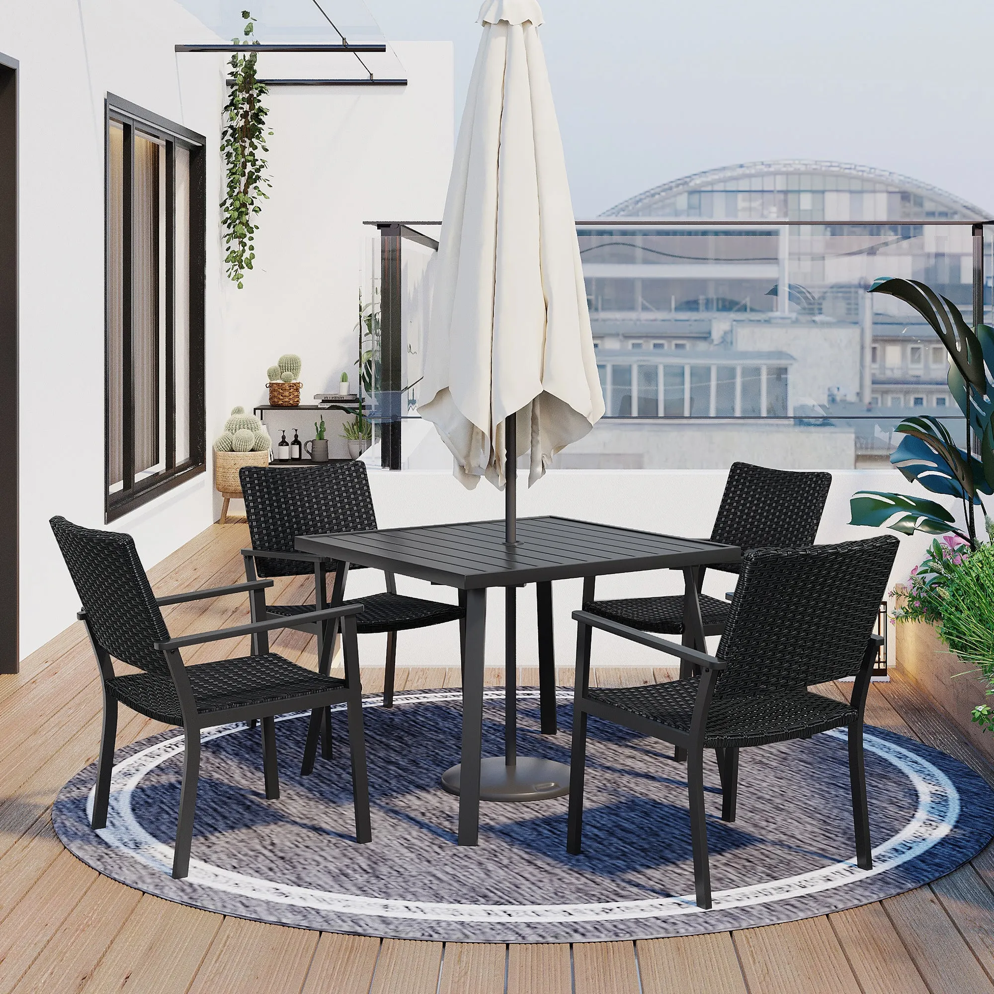 TOPMAX Outdoor Patio PE Wicker 5-Piece Dining Table Set with Umbrella Hole and 4 Dining Chairs for Garden, Deck,Black Frame Black Rattan