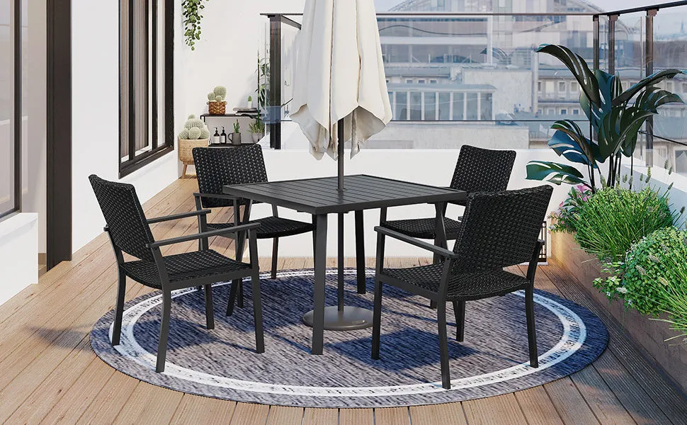 TOPMAX Outdoor Patio PE Wicker 5-Piece Dining Table Set with Umbrella Hole and 4 Dining Chairs for Garden, Deck,Black Frame Black Rattan