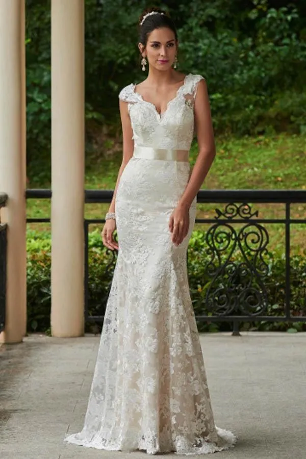 V-Neck Lace Zipper-Up Sheath Sweep Train Wedding Dress WD135