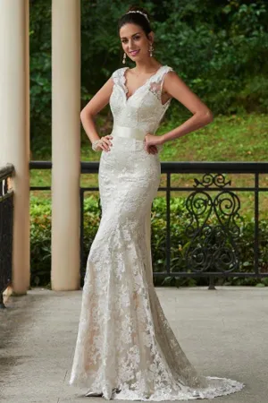 V-Neck Lace Zipper-Up Sheath Sweep Train Wedding Dress WD135