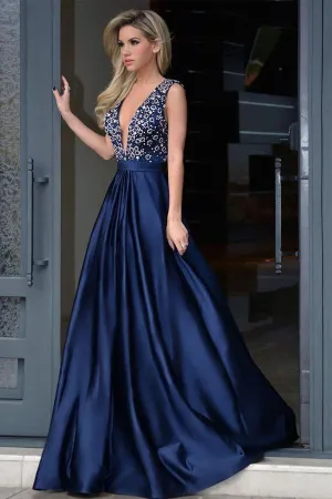 V-neck Royal Blue Satin Beading Prom Dresses With Sweep Train PG443