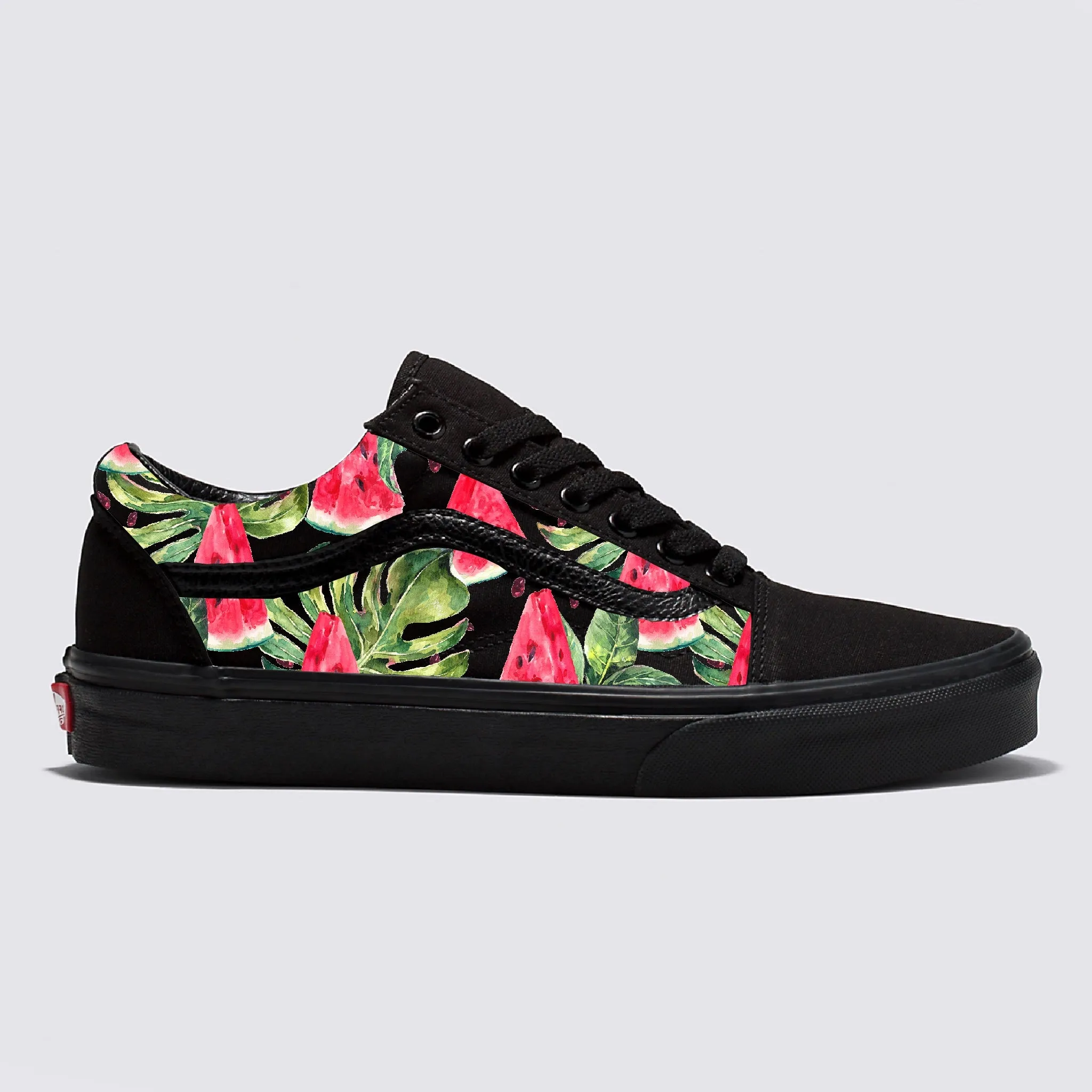 Watermelon Pattern on Black/Black Vans Old Skool Shoes