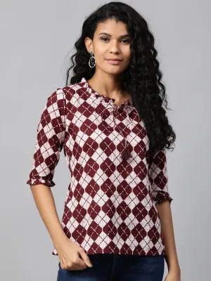 Women White & Burgundy Printed Tunic