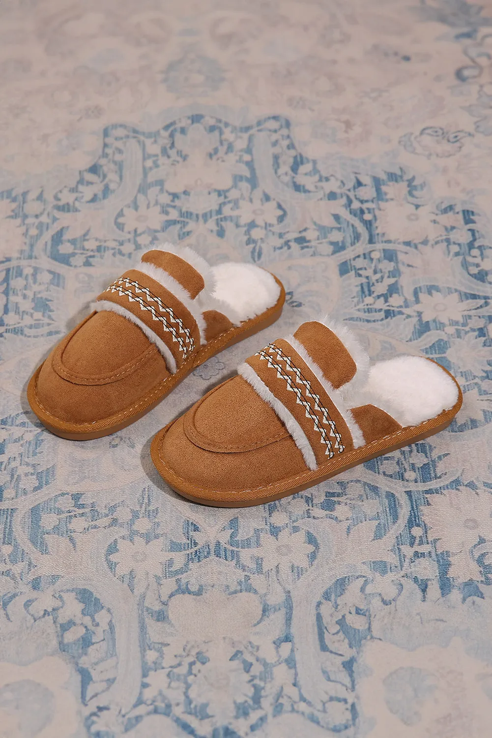 Women's Suede Wavy Striped Plush Lined Slippers