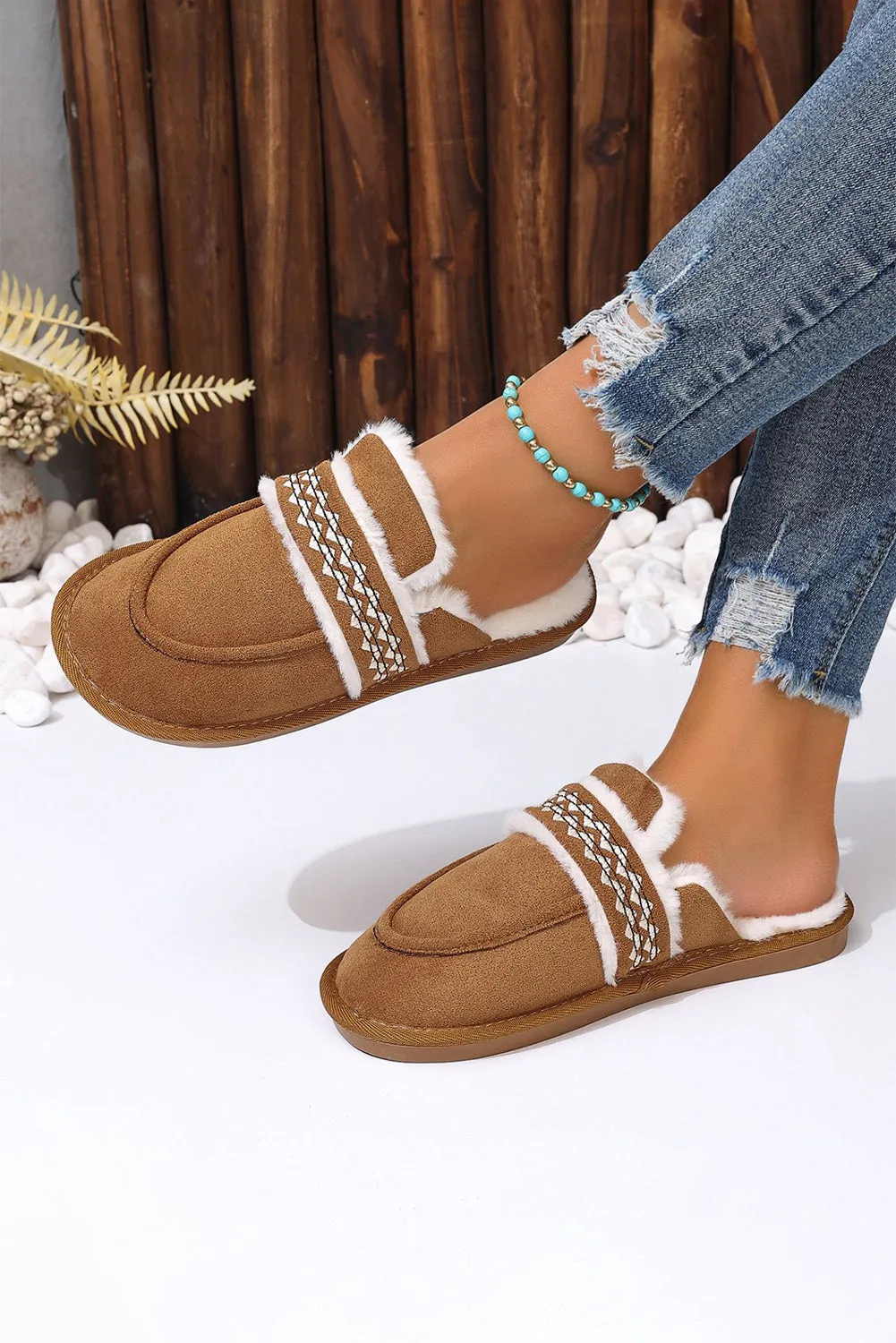 Women's Suede Wavy Striped Plush Lined Slippers