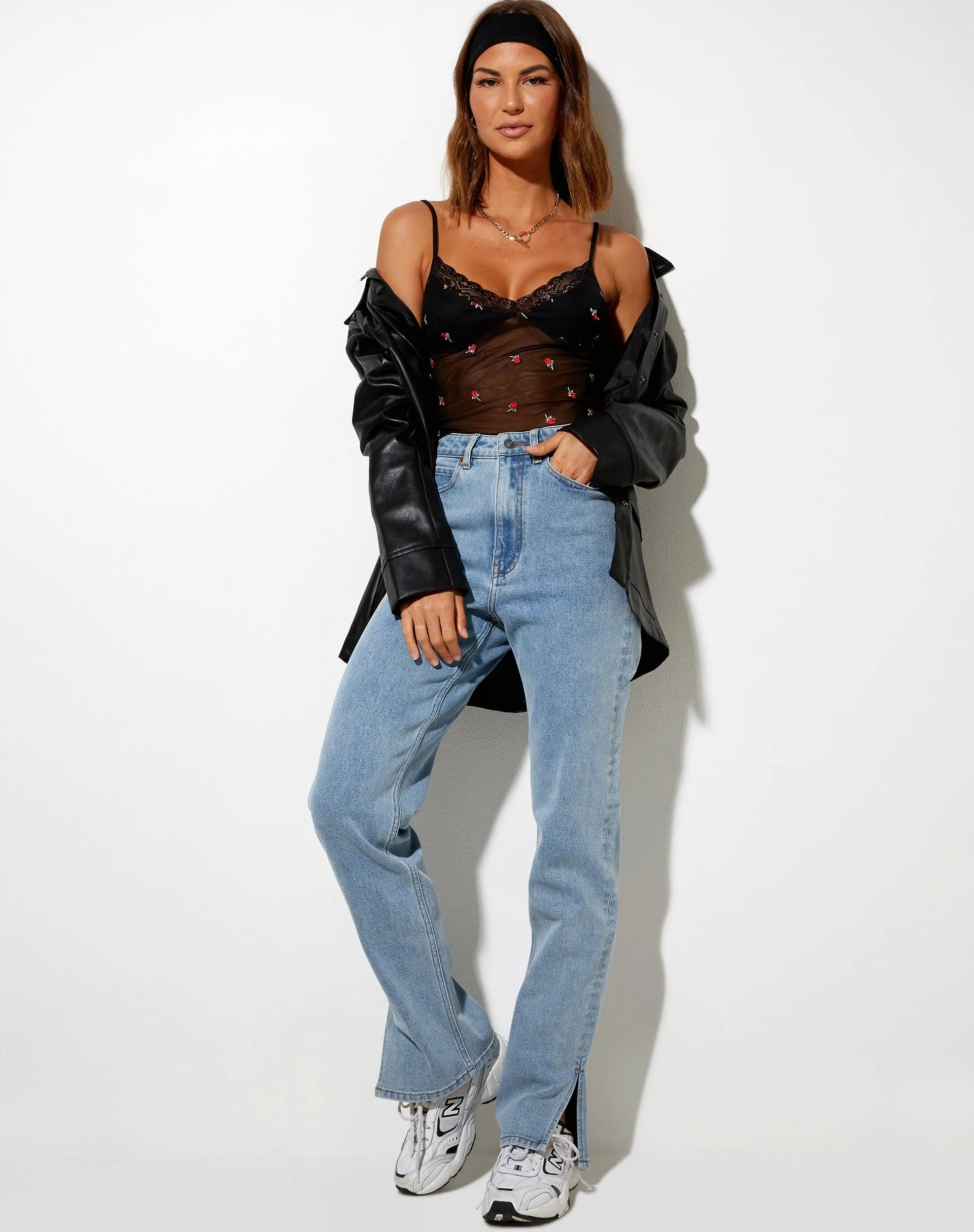 Yenika Crop Top in Black with Red Rose Embro